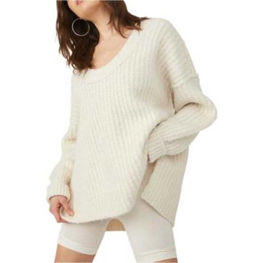 Free People Long Bell Sleeve V Neck Pullover Sweater Ivory Oversized XS NWT